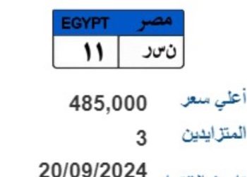 بسعر 450 ألف جنيه.. التزايد على لوحة سيارة مميزة ينتهي اليوم