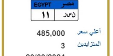 بسعر 450 ألف جنيه.. التزايد على لوحة سيارة مميزة ينتهي اليوم